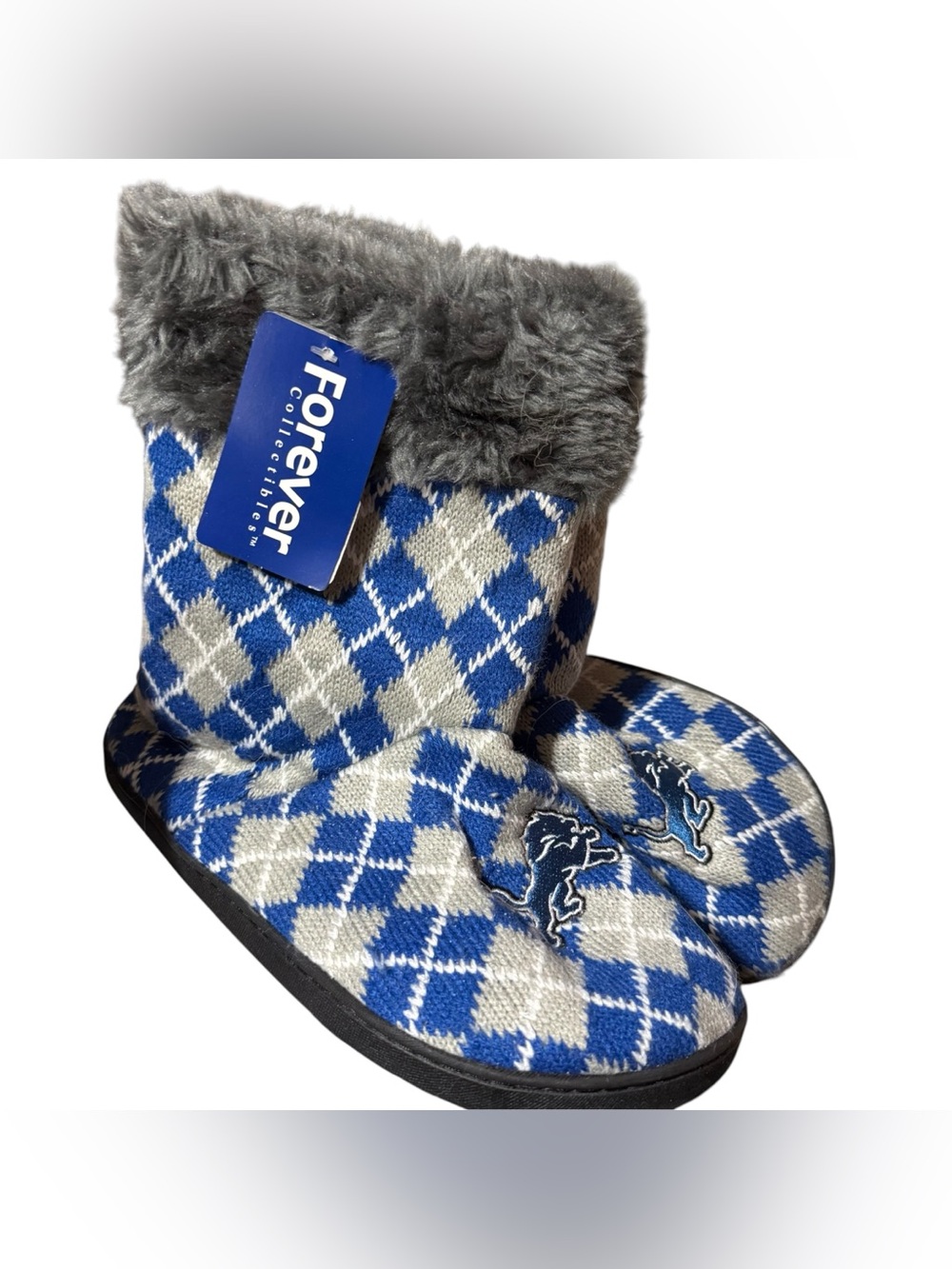 Detroit Lions NFL Women's Argyle Fur Boot Slippers Size XL 11/12 NWT